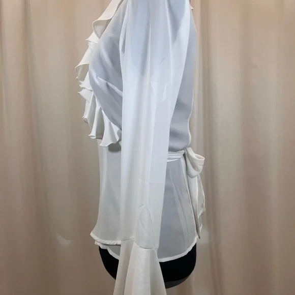 New York & Company White Ruffle Front V-Neck Blouse - Picture 7 of 9